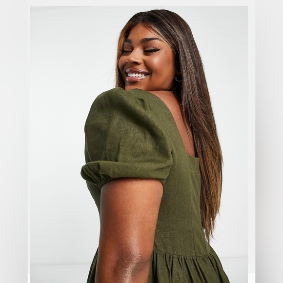 ASOS DESIGN Curve corset linen mini skater dress w/ puff sleeve US 18/UK 22 - Picture 4 of 8